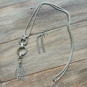 Long silver chain necklace with matching earrings
